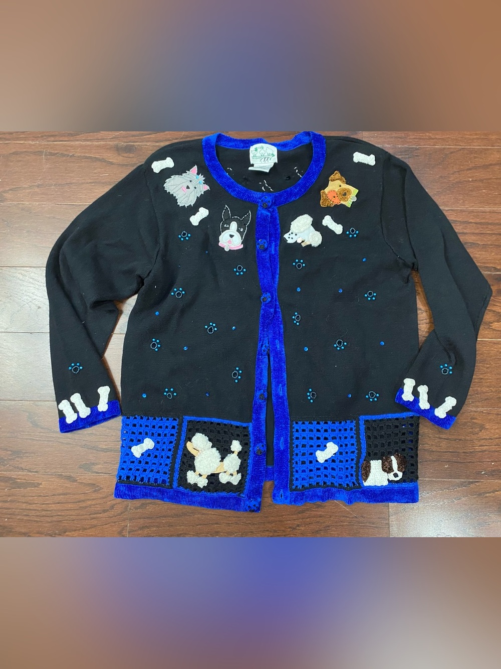 Vintage Quacker Factory Embellished Dog Lover Sweater Sequin Embroidered Large